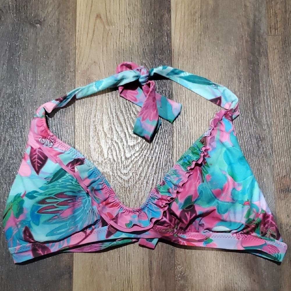 BECCA Vibrant Pink Blue Green Tropical Floral Ruffle Swim Top